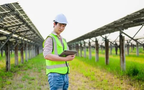 Maintenance engineer checking and installing solar panels on solar cell farm 스톡 사진