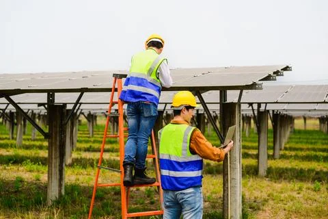 Maintenance engineer checking solar panels on solar cell farm 스톡 사진