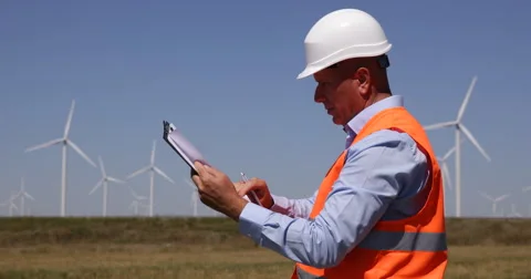 Maintenance Engineer Compare Data Check Wind Turbines Energy Production Capacity Video stock 54996290