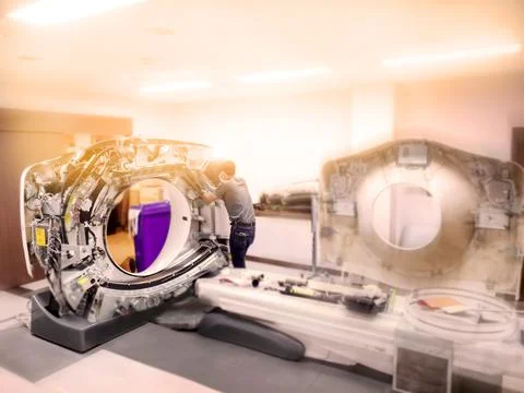 Maintenance engineer repairing and checking CT scanner machine Stock Illustration