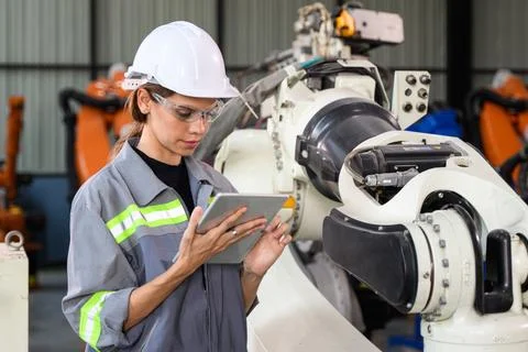 Maintenance engineer worker working with robotic machine automation Foto stock