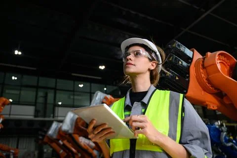 Maintenance engineer worker working with robotic machine automation Stock Photos