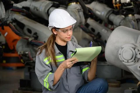 Maintenance engineer worker working with robotic machine automation Foto stock