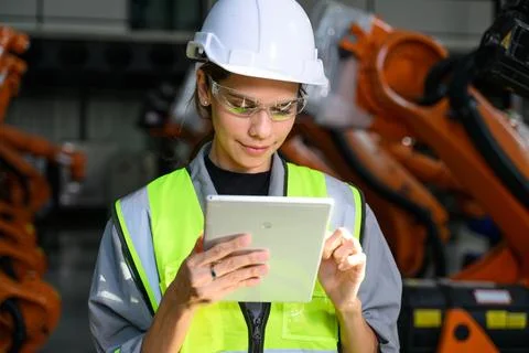 Maintenance engineer worker working with robotic machine automation Stock Photos