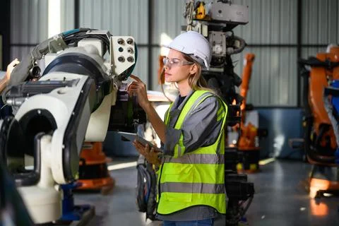 Maintenance engineer worker working with robotic machine automation Stock Photos
