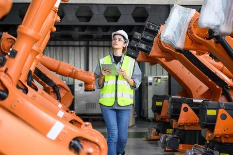 Maintenance engineer worker working with robotic machine automation Stock Photos