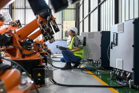 Maintenance engineer worker working with robotic machine automation Foto stock