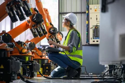 Maintenance engineer worker working with robotic machine automation Foto stock