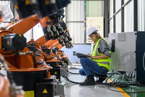 Maintenance engineer worker working with robotic machine automation Stock Photos