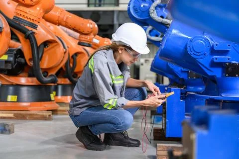 Maintenance engineer worker working with robotic machine automation Stock Photos