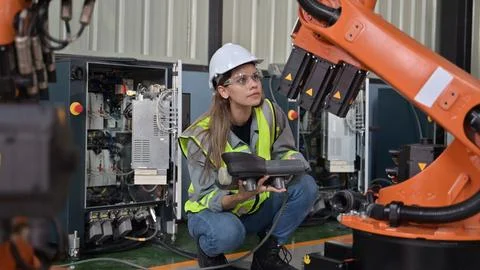 Maintenance engineer worker working with robotic machine at factory Stock Photos