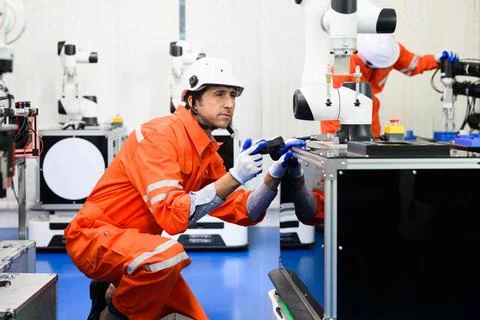 Maintenance engineer working and solving problems on machine Stockfoto's