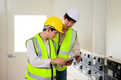 Maintenance engineers checking solar panels on solar cell farm Stock Photos