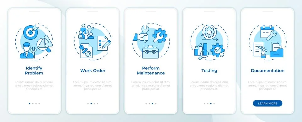 Maintenance execution workflow onboarding mobile app screen Stock Illustration
