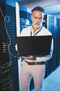 Maintenance, laptop or engineer in server room with check, network or system 写真素材
