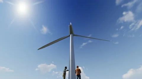 Maintenance man and engineer talk near a wind turbine, low angle view, 4K Stock Footage 232469738