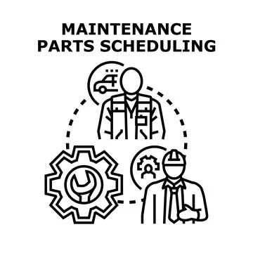 Maintenance parts scheduling process management team Stock Illustration