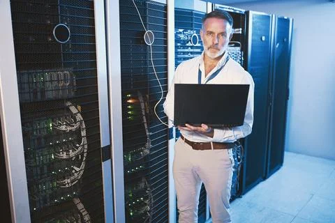 Maintenance, portrait or engineer in server room with laptop, network or system Stock Photos