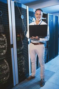 Maintenance, portrait or man in server room with laptop, network or system Stock Photos