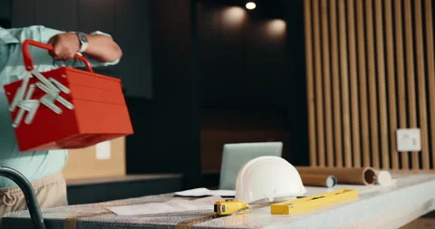 Maintenance, renovation and toolbox with black man in kitchen for home Stock Footage 337760058