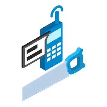 Maintenance service icon isometric vector. Push button mobile phone and hand saw Stock Illustration
