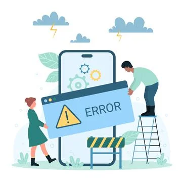 Maintenance service for phone software with system error, tiny people holding 스톡 일러스트