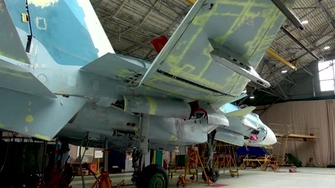 Maintenance of Su-33. Checking operability of wing folding system and stabilizer Stock Footage 134546735