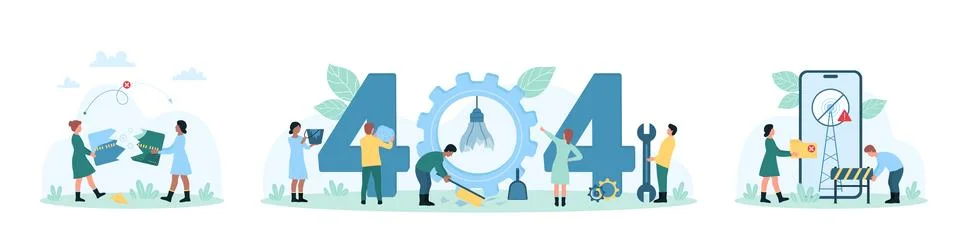 Maintenance support service, tiny people work with 404 error, holding broken Stock Illustration