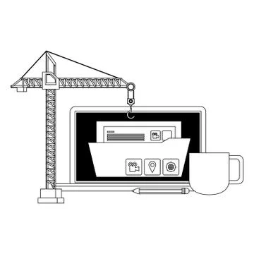 Maintenance support technology web cartoon in black and white Stock Illustration