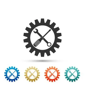 Maintenance symbol - screwdriver, spanner and cogwheel icon isolated on white 스톡 일러스트