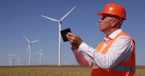 Maintenance Team Engineer Using Touch Tablet Verify Wind Turbines Check Period Stock Footage 66883872