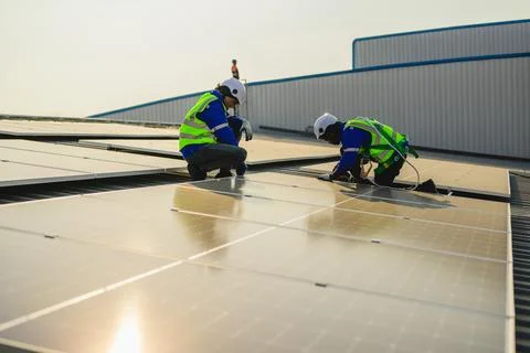 Maintenance technicians installing solar panels at solar cell farm Stock Photos