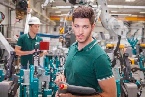 Maintenance technicians team while programming robots Stock Photos