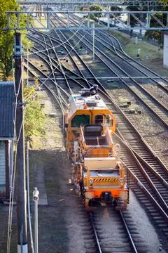 Maintenance train on rails Foto stock