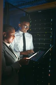 Maintenance, upgrade or team in server room with tech, network or system in.. Stock Photos