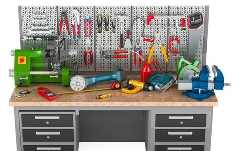 Maintenance work table with construction tools and equipment, 3D rendering Stock Illustration