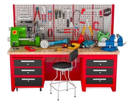 Maintenance Work Table full of construction tools and equipment, 3D rendering Stock Illustration