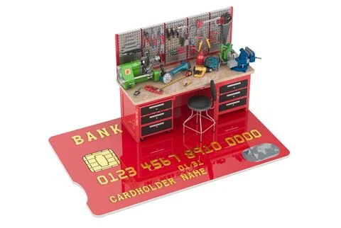 Maintenance Work Table full of construction tools with credit card, 3D rend.. Stockillustratie