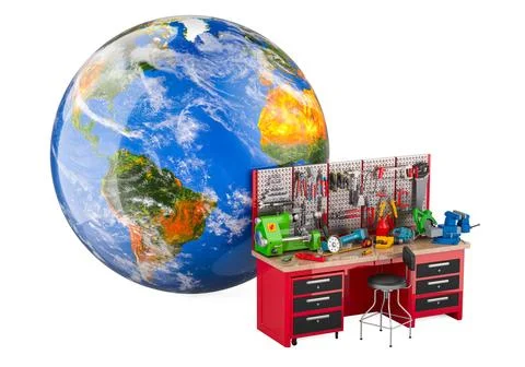 Maintenance work table with tools with Earth Globe. Service, repair and con.. Illustrazione stock
