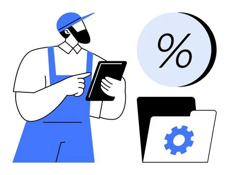 Maintenance worker in blue overalls using a tablet, a folder with gear icon,  イラスト素材