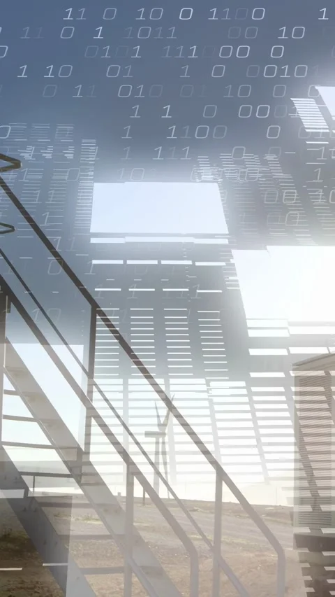 Maintenance worker descending stairs after binary overlay rising, consulting Stock Footage 332748002