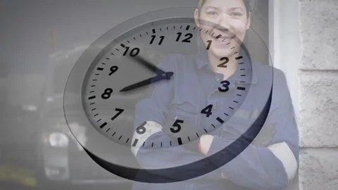 Maintenance worker observing clock overlay rotating marking rapid time-lapse and Stock Footage 310430135