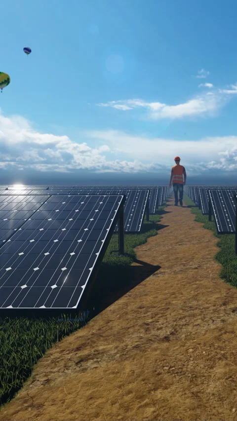 Maintenance Worker on Solar Panels Farm with Hot Air Balloons rising in the dist 스톡 동영상 327123090