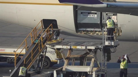 Maintenance workers Prepares unloading luggage from aircraft on arrival Stock Footage 119493949
