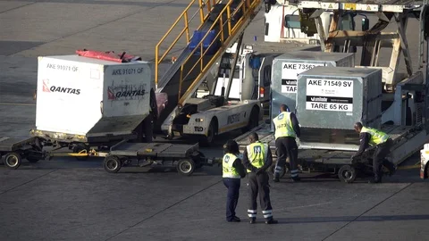Maintenance workers Prepares unloading luggage from aircraft on arrival Stock Footage 119495957