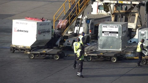 Maintenance workers Prepares unloading luggage from aircraft on arrival Stock Footage 119497018