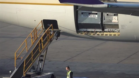 Maintenance workers Prepares unloading luggage from aircraft on arrival Stock Footage 119499578