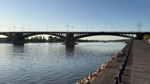Mainz, Germany 10 August 2026 selective focus bridge over the rhine river i.. Stock Footage 344801728