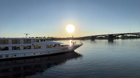 Mainz, Germany 10 August 2026 selective focus river cruise boat moored in m.. Stock Footage 344801753
