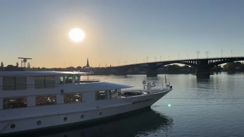 Mainz, Germany 10 August 2026 selective focus sightseeing boat moored besid.. Stock Footage 344801763